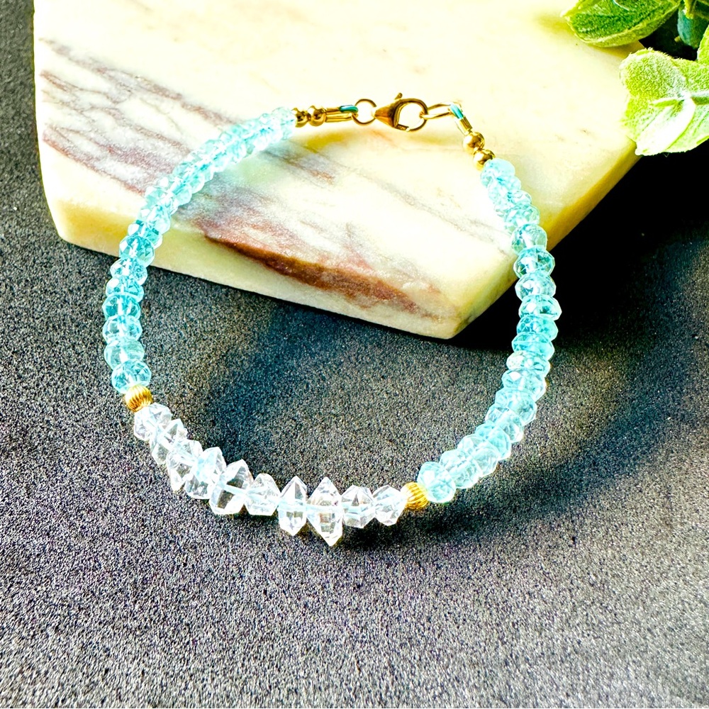 Herkimer Diamond and Aquamarine Bracelet Beaded Sterling silver